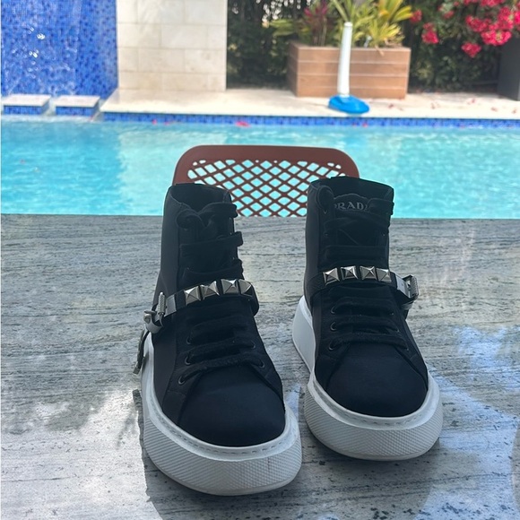 Prada Shoes - Prada Black High-Top Sneakers with Studded Straps